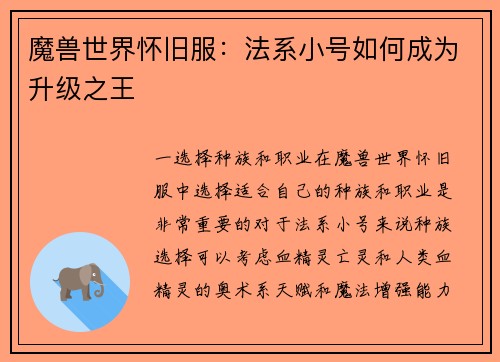 魔兽世界怀旧服：法系小号如何成为升级之王