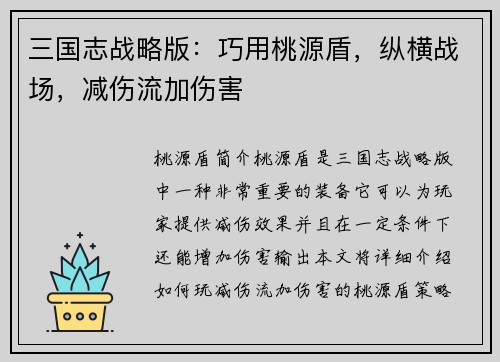 三国志战略版：巧用桃源盾，纵横战场，减伤流加伤害