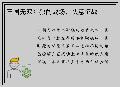 三国无双：独闯战场，快意征战