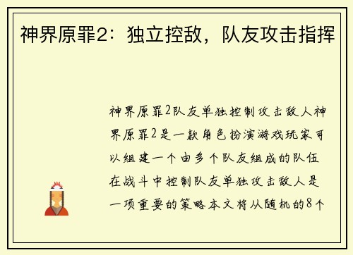 神界原罪2：独立控敌，队友攻击指挥